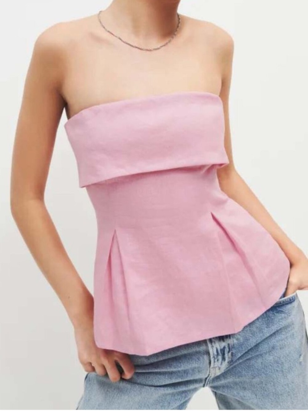 Reformation Daria Linen Top Size 4 Pink Strapless Peplum Corset Top